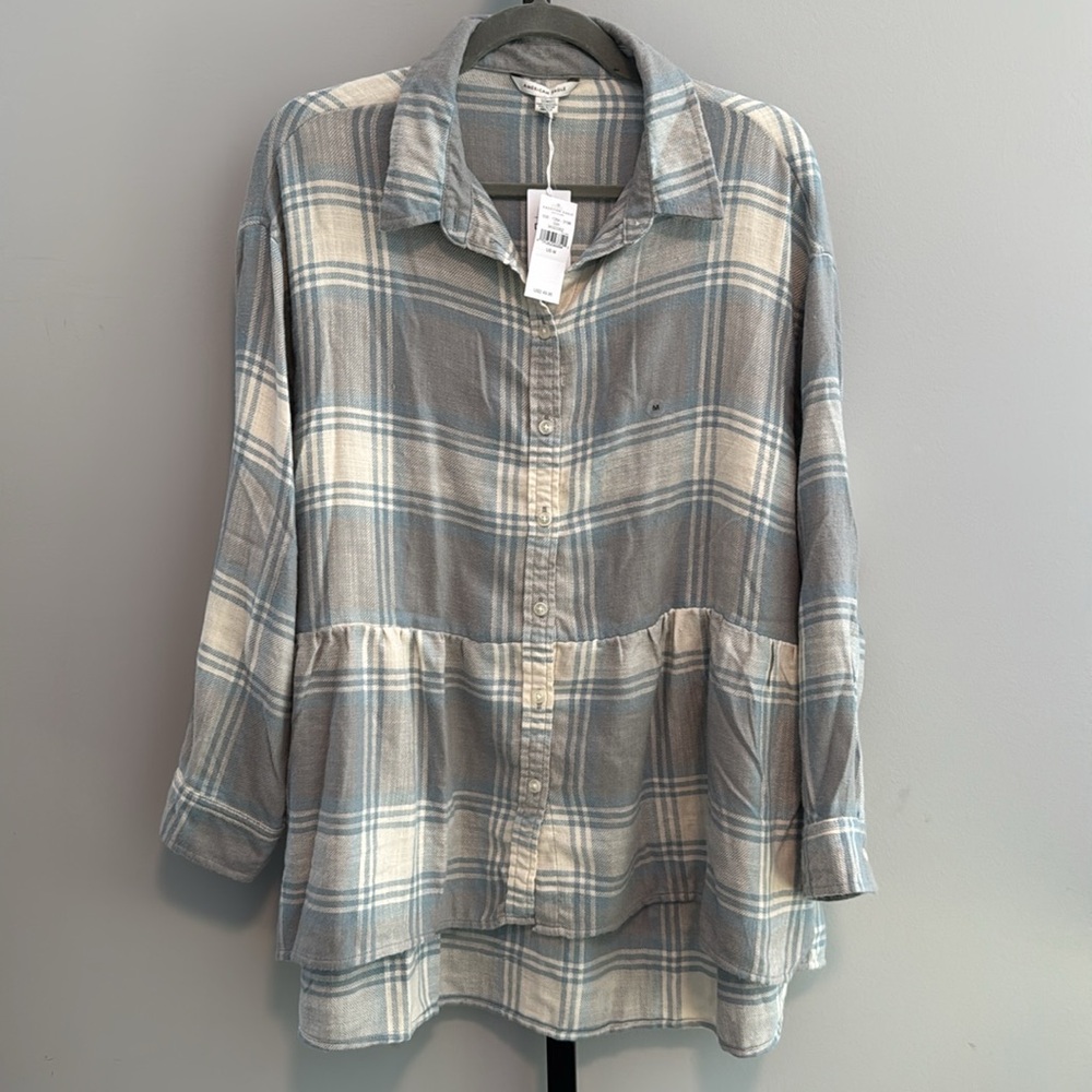 American Eagle Soft Plaid Shirt in Gray Cream & Blue M Medium New NWT